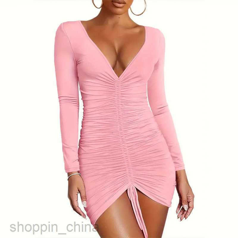 Basic Casual Dresses for Woman Women's sexy slim fit pleated V-neck long sleeved dress, spring/summer women's design, buttocks wrapped skirt