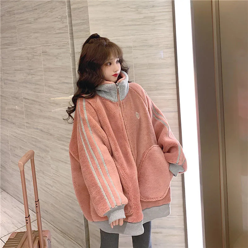 Korean Patchwork Contrast Color Faux Lamb Wool Coat Casual Women Stand Collar Long Sleeve Imitation Fur Overcoat F7.1#48.51