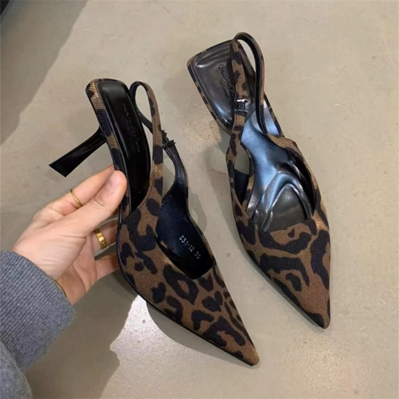Sexy royal sister leopard print pointed-toe high heels women's 2024 summer new French temperament stiletto heel toe sandals Sliver