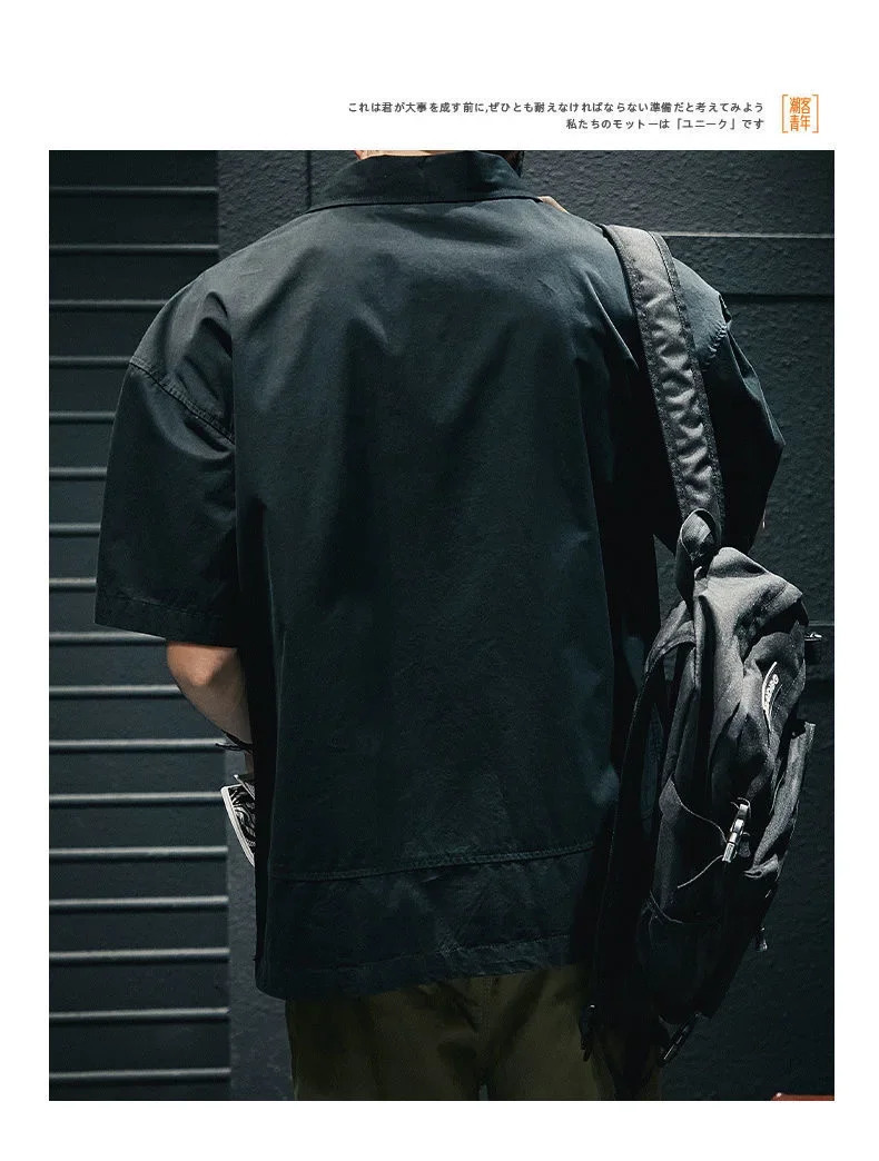 Korea American Casual Mens Tshirt Summer Tooling Style Short Sleeve Pocket Shirt Collar Clothing Loose Plus Size Top 240627