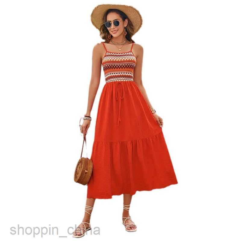Basic Casual Dresses for Woman Elastic mid length skirt with suspender, elastic waist pleated patchwork sleeveless dress, spring/summer women's d