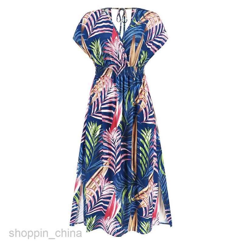 Basic Casual Dresses Women Fashionable bat sleeve V-neck strapless dress summer women's printed long skirt