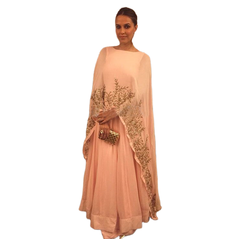 Elegant Arabic Dubai Long Peach Muslim Prom Dresses Cape Full Sleeve Gold Lace Appliques Plus Size Chiffon Formal Evening Gowns Women Dress