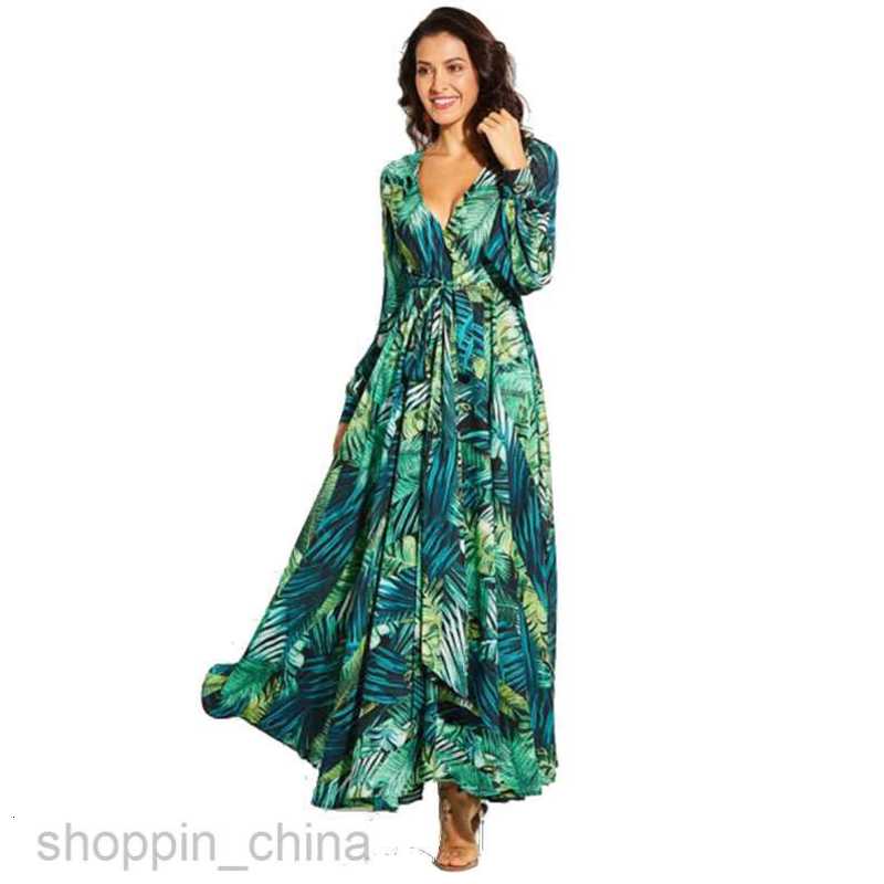 Casual Dresses for Woman Spring/Summer New Women's Wear Beauty Dress Lantern Sleeves Printed Sexy V-neck Leaf Flare Skirt
