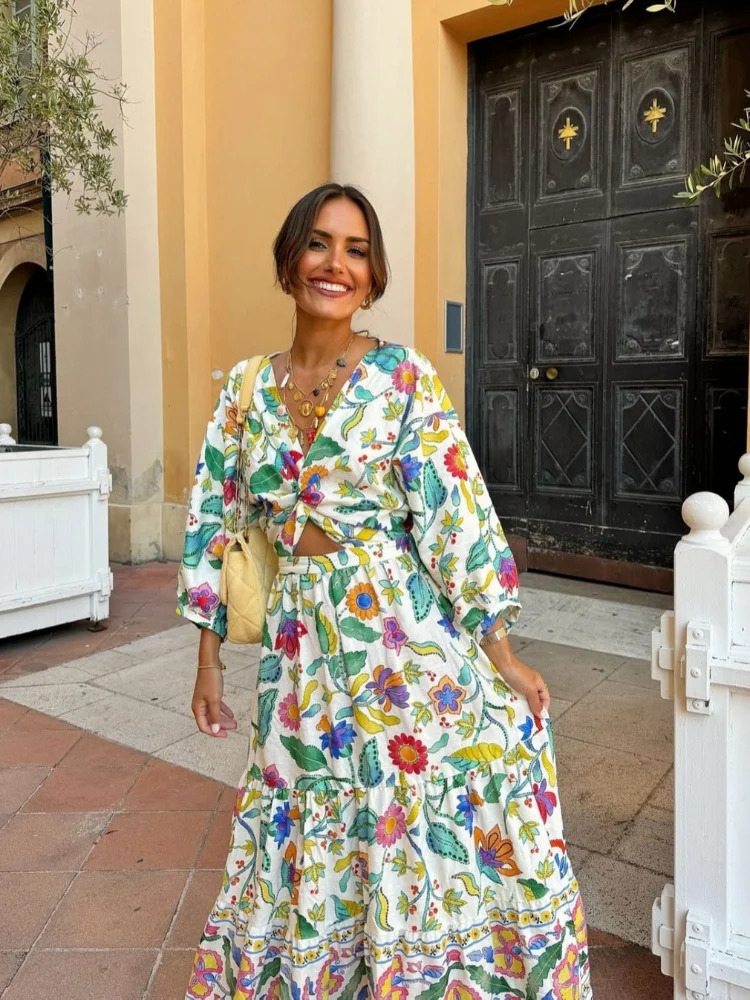 Flower Print Summer Womens Dress Elegant Long Sleeves Vneck Hollow Out Vacation 2024 Female Clothes Sundress 240627