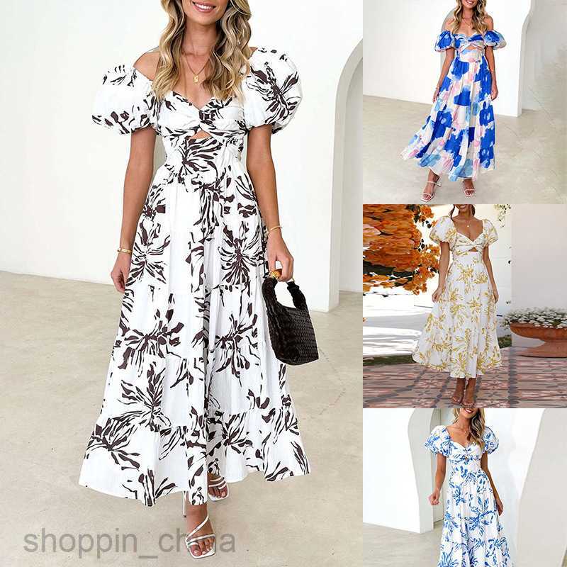 Basic Casual Dresses for Woman Summer New Women's Sweet and Elegant Flower Hollow Shoulder Printed Dress