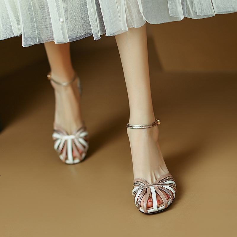 Women's New Spring/Summer Colored Baotou Vintage Genuine Leather Cowhide With Diamond High Heel Sandals