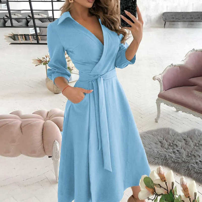 Basic Casual Dresses Woman Summer New Fashion Print Long Sleeved V-Neck Wrapped Hip Style Commuter Dress For Women