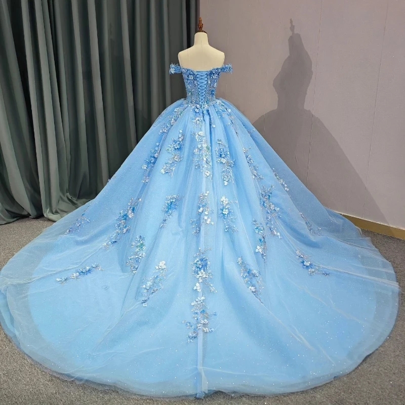 Luxury Sky Blue Off The Shoulder Quinceanera Dresses Beads Appliques Handmade Flowers Beads Princess Ball Gowns Sweet 15 Party