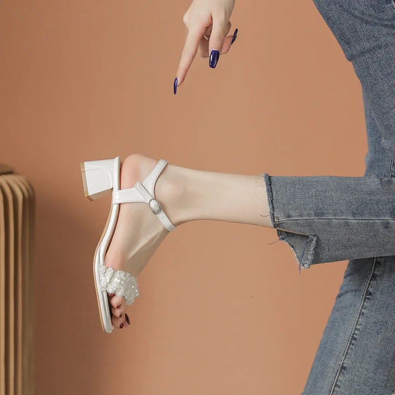 pearl beads narrow band gladiator sandals women thick high heels dress shoes woman ankle strap glitter cloth sandalias mujer 240701