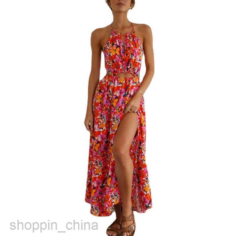 Basic Casual Dresses Women Summer Women's Wear Neck Hanging Red Print Sexy Back Waist Large Swing Beach Dress