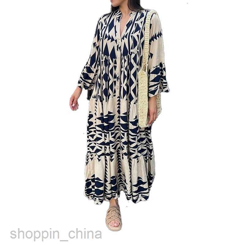 Basic Casual Dresses for Woman New Summer Women's Wear New V-neck Single breasted Personalized Printed Loose Dress