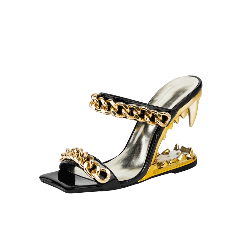 Women's New Spring/Summer European And American Square Head Metal Chain Wolf Teeth High Heel Large Open Toe Slippers