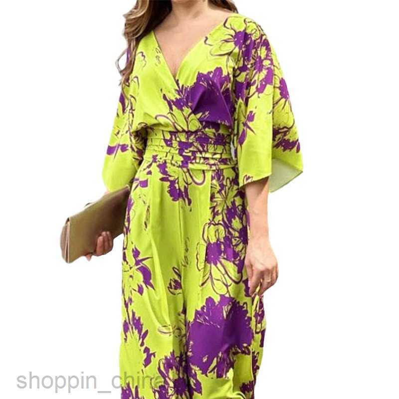 Basic Casual Dresses for Woman Summer New Women's Wear Fashionable and Elegant Printed Bat Sleeves Waist Wrapped V-Neck jumpsuit