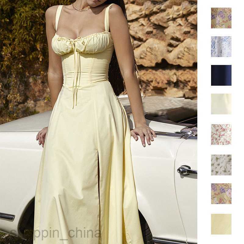 Basic Casual Dresses for Woman Summer New Women's Fashion Floral Skirt Ladies Split Large hem Hanging Strap Dress Women