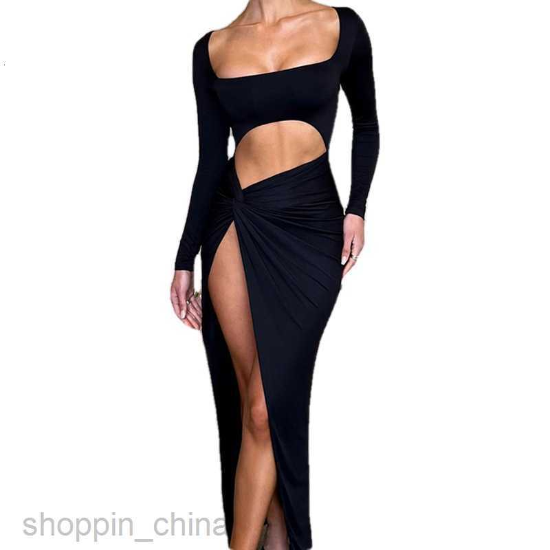 Basic Casual Dresses for Woman Summer New Women's Sexy Spicy Girl Street Fashion Solid Color Hollow Square Neck Split Dress