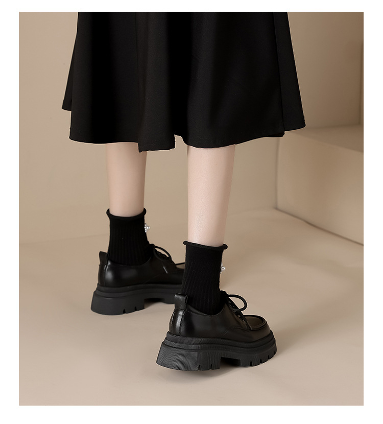 Black Classic Small Leather Shoes Women's Fall 2023 Mid-Heel Platform Leather Comfort Loafers Lace-up British Singles