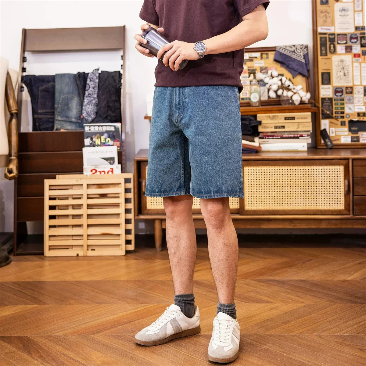 Red Tornado Casual Denim Shorts Loose Straight Fit Vintage Workwear Mens Jean Short 240626