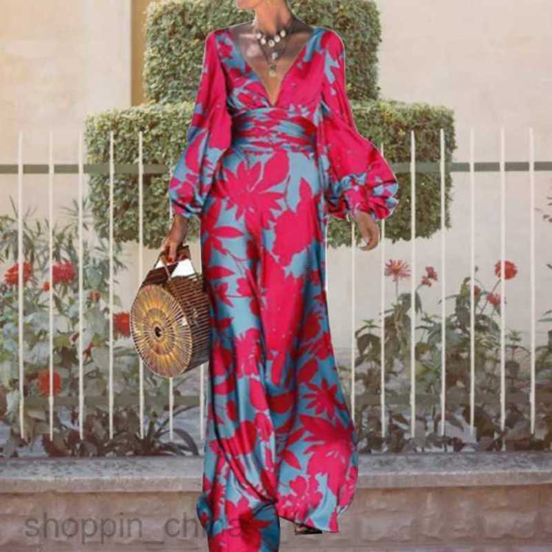Basic Casual Dresses for Woman Summer High Waist Elegance Commuting Long Dress Printed Lantern Sleeves V-neck Dress