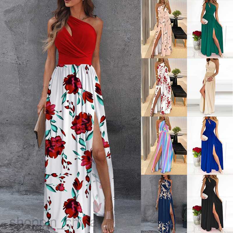 Basic Casual Dresses for Woman Women's New Skew Shoulder Long Dress with Temperament Sleeveless Sexy High Waist Split Dress