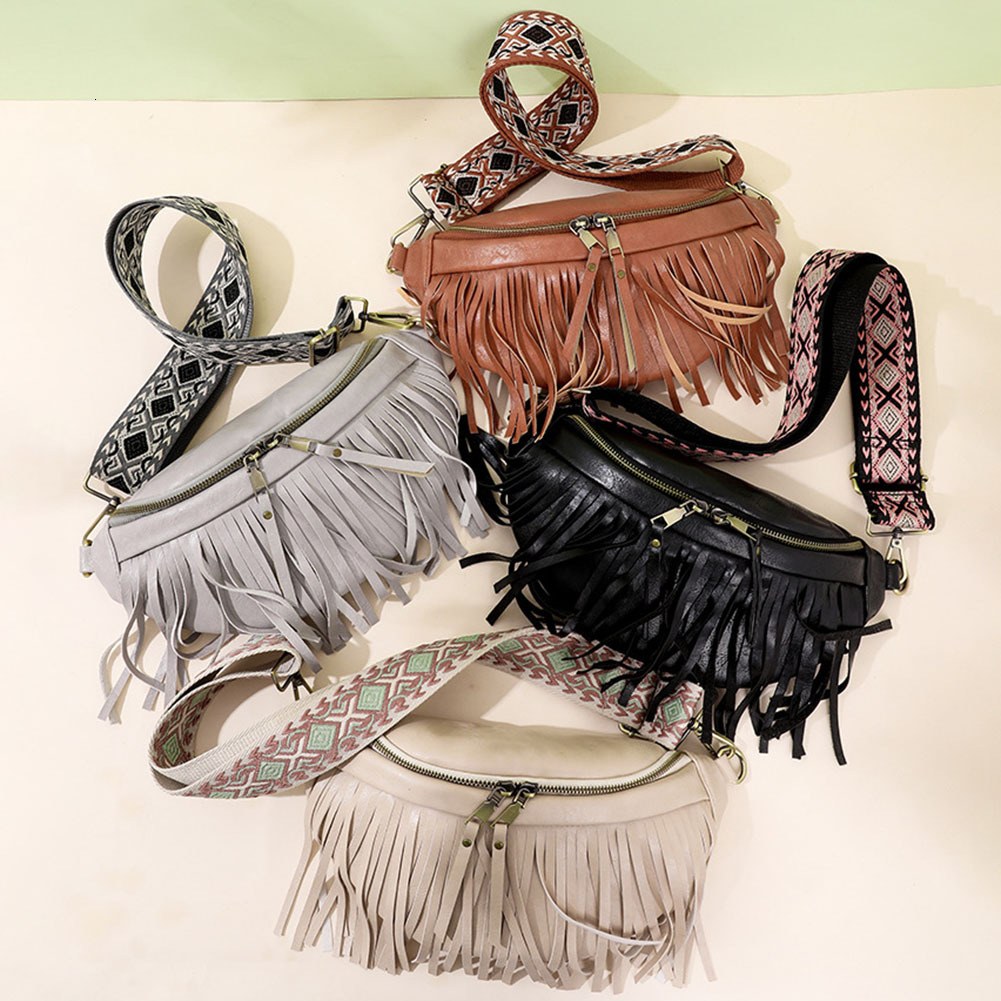 Rretro Tassel Pleated Ladies Fanny Pack Euro-America PU Leather Solid Women's Bum Fashion Fringe Chest Bag with Guitar Strap H7.1#39 ddmy a7af