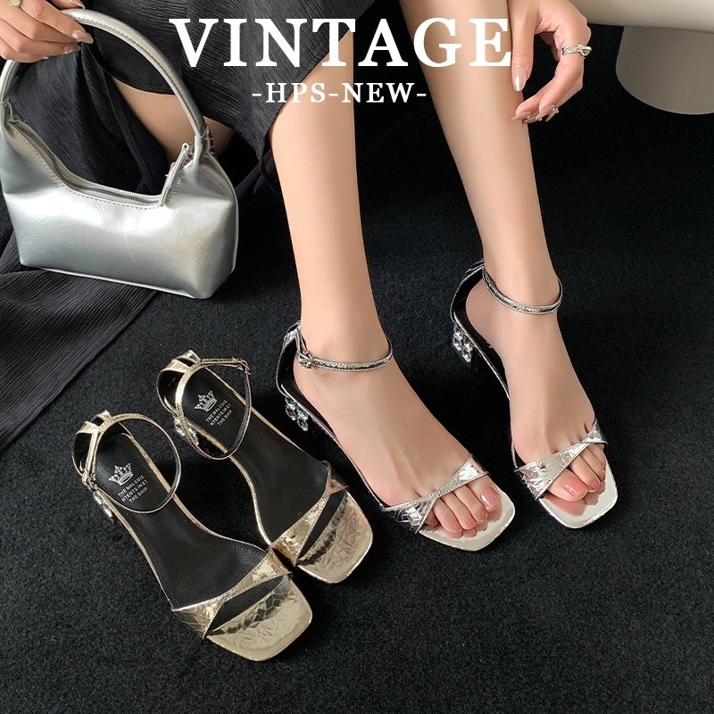 Women's New Spring/Summer Square Headed Genuine Explosive Pattern Cowhide Simple Diamond High Heel Large Size Sandals