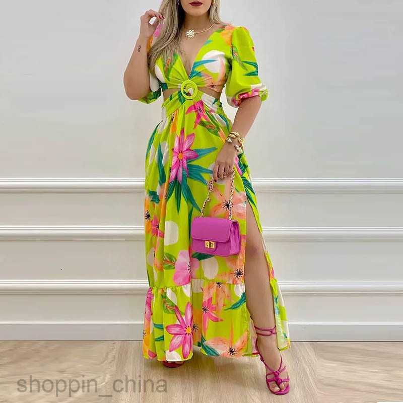 Basic Casual Dresses for Woman Women's Summer Fashion Personality Deep V Print Split Open Back Dress