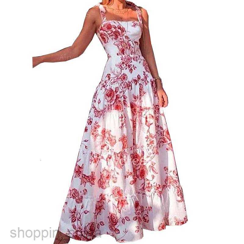 Basic Casual Dresses for Woman Summer Dress New Style Plant Printed Long Hem Waist Suspended Dress