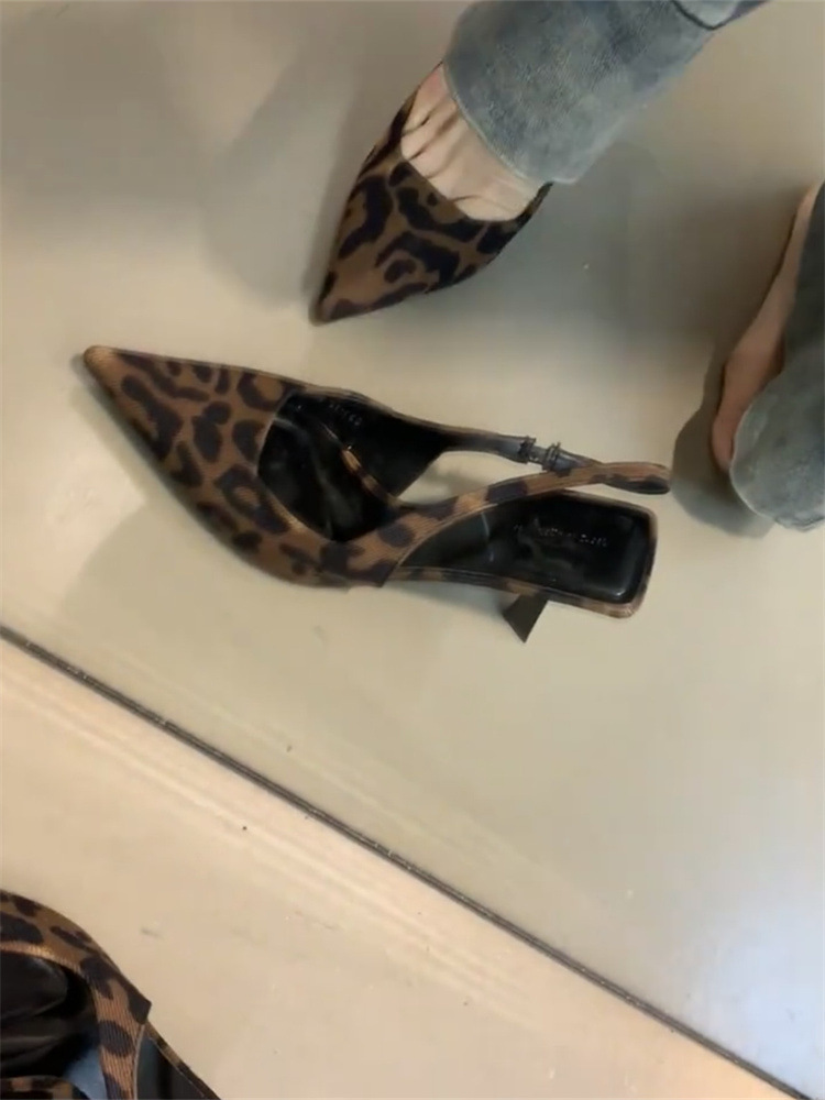 Sexy royal sister leopard print pointed-toe high heels women's 2024 summer new French temperament stiletto heel toe sandals Sliver