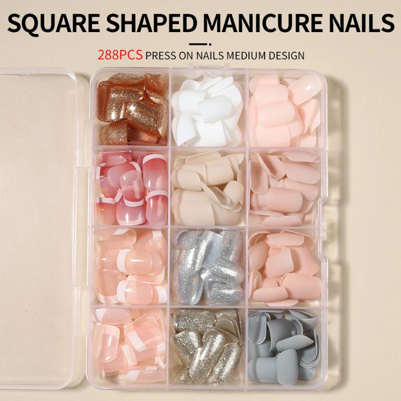 False Nails 288pcs Short Square Nail 12-color Fake Set Press Type Acrylic For Women And Girls Daily Wear