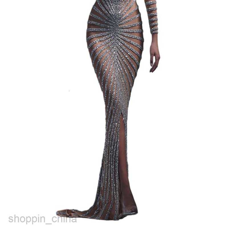 Casual Dresses for Woman Spring New Fashion Hot Diamond Women's Clothing Mesh Perspective Long Sleeve Split Long Dress