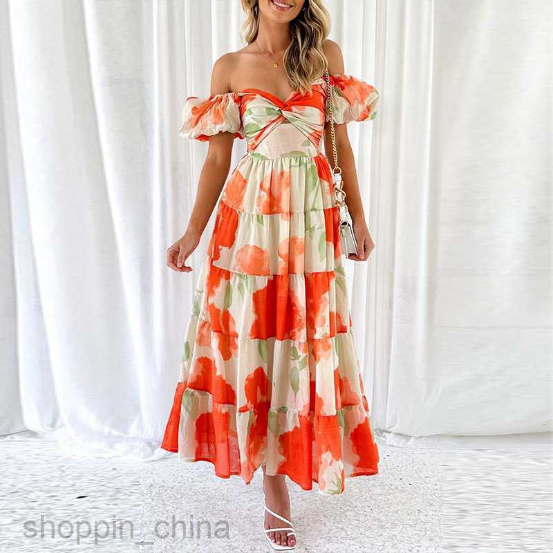 Basic Casual Dresses for Woman Summer New Women's Sweet and Elegant Flower Hollow Shoulder Printed Dress