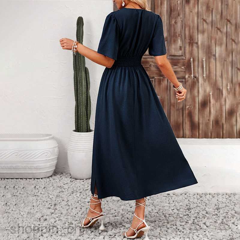 Basic Casual Dresses for Woman Women's skirt with lotus leaf sleeves, high slit, elastic waist dress, solid color, long skirt, summer girl's