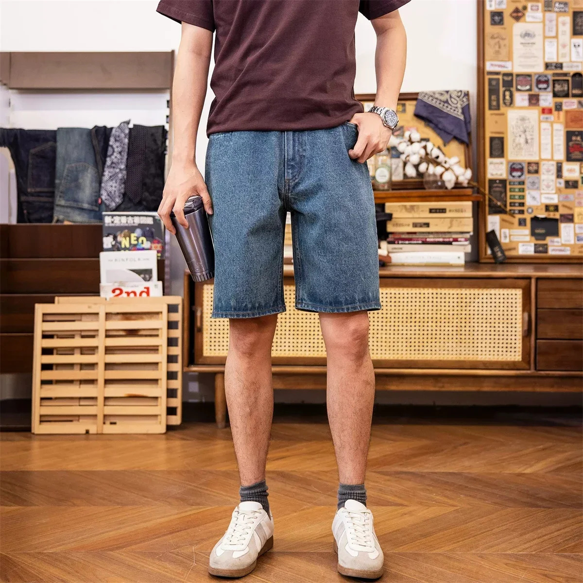 Red Tornado Casual Denim Shorts Loose Straight Fit Vintage Workwear Mens Jean Short 240626