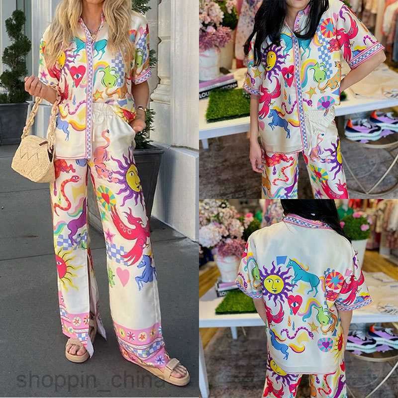 Women's Two Piece Sets Pants Summer New Women's Fashion Elegant and Fashionable Printed Flip Collar Shirt Casual Set