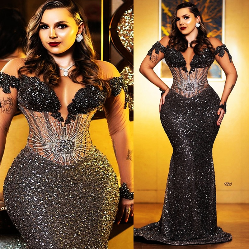 2025 Plus Size Black Prom Dress Mermaid Promdress Evening Gowns For Special Occasions Illusion Sheer Neck Long Sleeves Sequined Lace Beaded Engagement