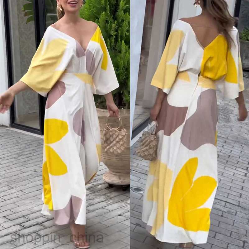 Women's Two Piece Sets Pants Summer New Women's Elegant Printed Color Block V-neck Printed Dress