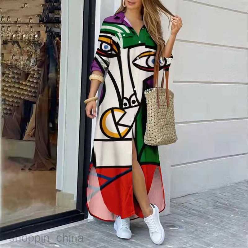 Basic Casual Dresses Women New Autumn New Fashion Long Sleeve Printed Shirt Skirt Long Dress