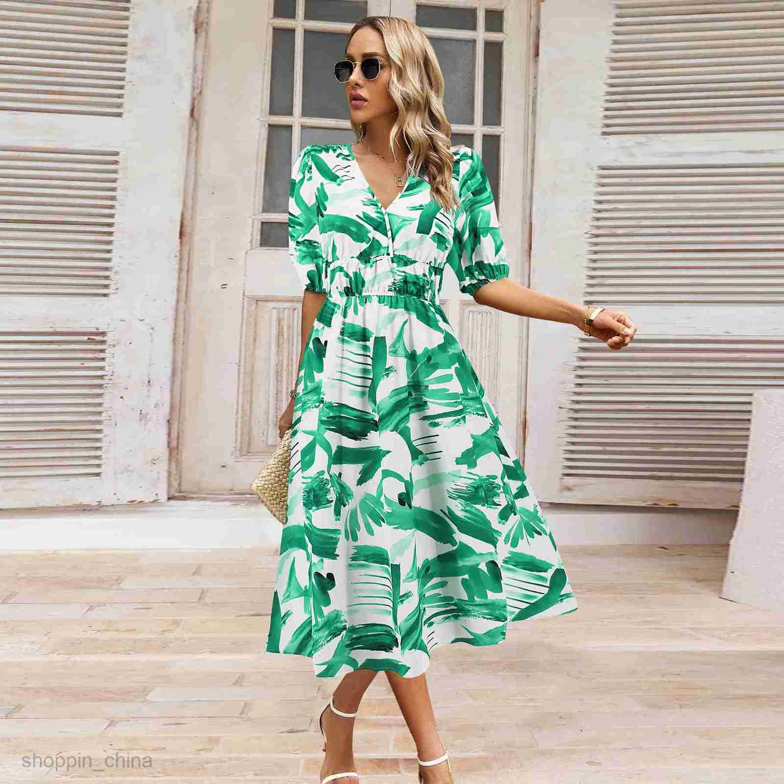 Basic Casual Dresses Women Bohemian Leisure Resort Style Dress Summer Leisure Style Printed Dress