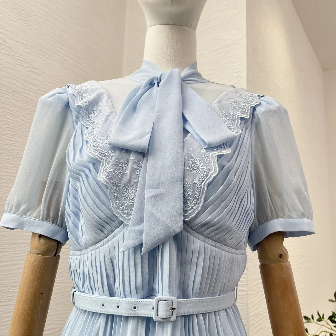 Elegant Womens Dresses Short Sleeve Bow Ruched Girdle A-LINE Dress Spring Summer Midi Dress 240701