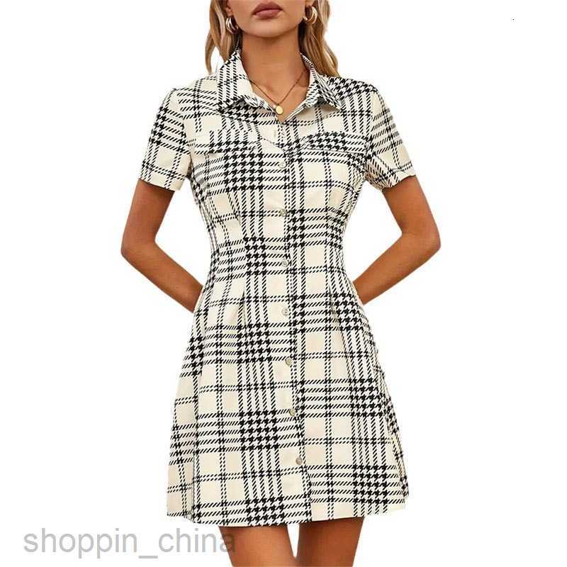 Basic Casual Dresses for Woman Printed shirt skirt, short sleeved waistband, thousand bird plaid short skirt dress, spring/summer women's feeling
