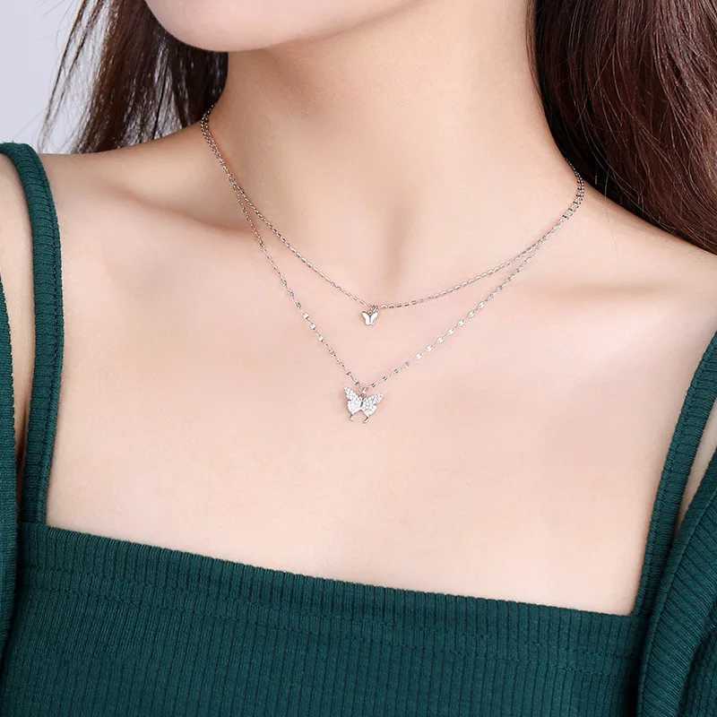 Pendant Necklaces 925 Sterling Silver Double Layer Butterfly Necklace for Women INS Small Fresh Shiny Zircon Clavicle Chain Jewelry Accessories
