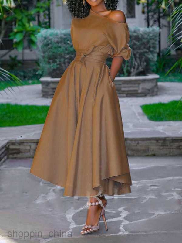 Casual Dresses for Woman New Spring/Summer Women's Single Shoulder Lace up Waist Slim Fit Mid length Dress