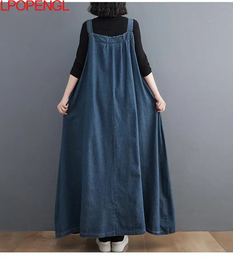 Woman Spring Autumn Denim Spaghetti Strap Sleeveless Temperament Dress Female Oversized Ankle-length Straight Pullover Dress 240701
