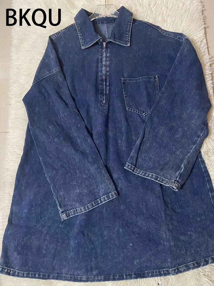 BKQU Denim Dress for Women Lapel Zipper Fashion Loose Mini Dress Long Sleeve Pocket A-Line Skirt Party Club Polo Style 240701