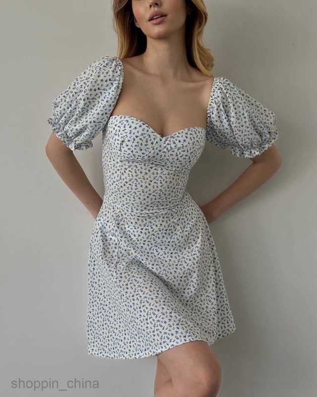 Casual Dresses for Woman Spring/Summer Women's Lace up Flower High Waist Bubble Sleeve Dress