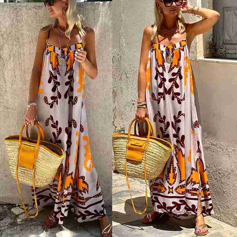 Basic Casual Dresses Women Spring/Summer New Sexy Strap Printed Dress Casual Loose Vacation Dress