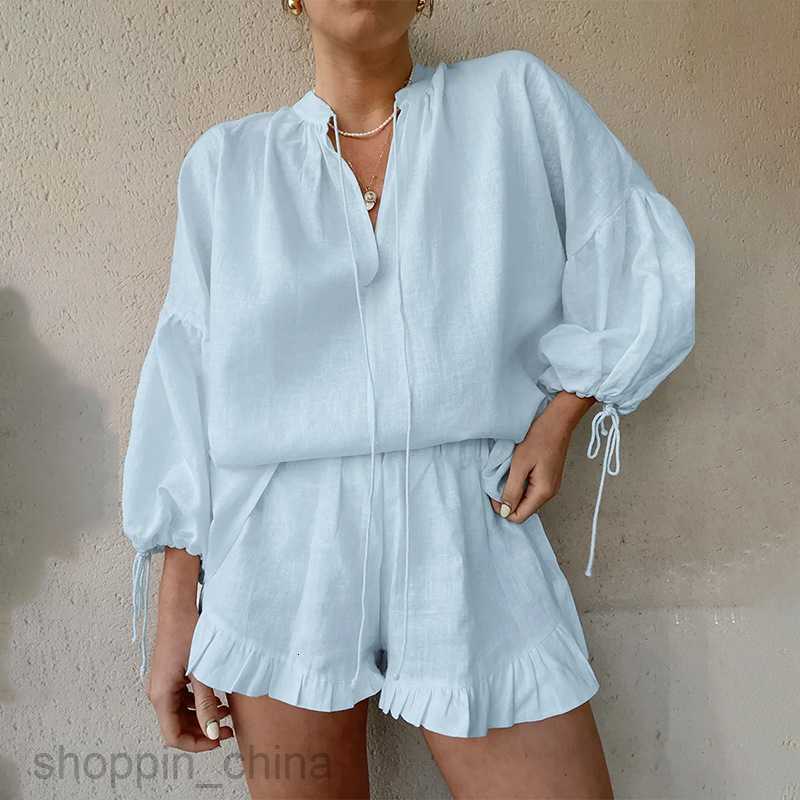 Women's Two Piece Sets Pants Summer New Women's Fashion Casual Long sleeved Pullover Shorts Loose Solid Color Lace up Set