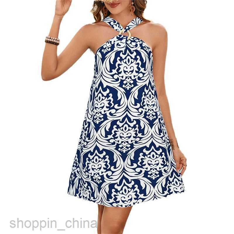 Basic Casual Dresses for Woman style printed hanging neck metal ring decorative suspender skirt for spring/summer vacation short dress