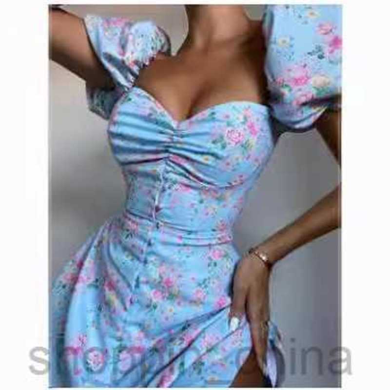 Basic Casual Dresses for Woman Women's sexy V-neck bubble sleeve short floral dress